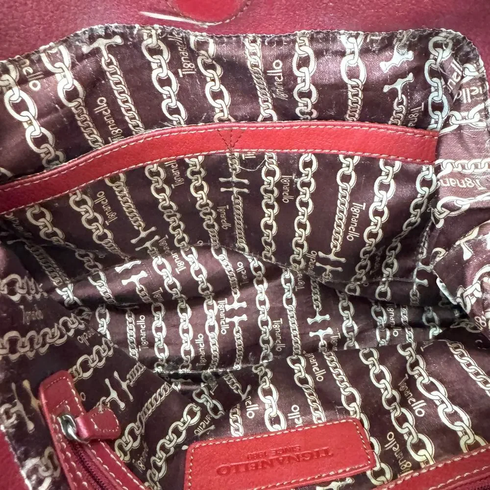 Tignanello Womens Satchel Handbag Slouchy Hobo Pebbled Leather Chain Red
